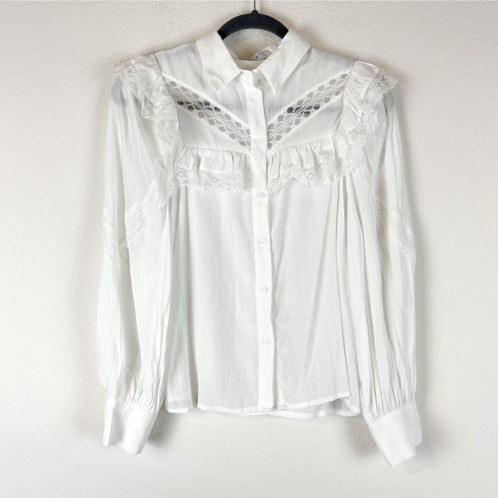 Anna Kay Ruffle Lace Top Womens Small White Blouse Button Down Peasant Romantic
